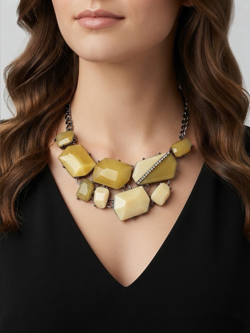 Gunmetal Geometric Bib Necklace | Ivory Resin & Faux Agate Statement Jewelry